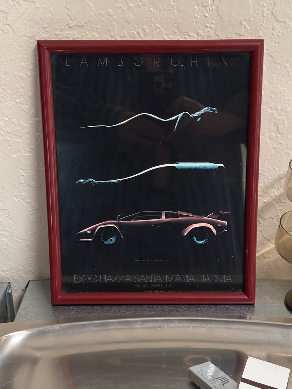 Vintage 1982 Roma Lamborghini Art Print with Red Frame and Black Exibit Ad